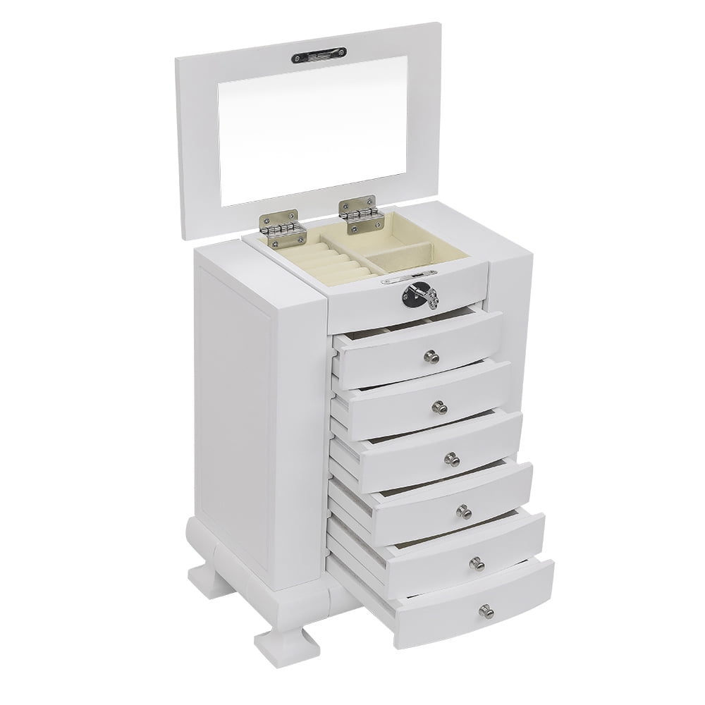 Kepooman 7 Layers Wooden Jewelry Box Case with Lock, Women' s Jewelry Display Storage Case Holder for Necklaces Rings Earrings Watches, White Kepooman 7 Layers Wooden Jewelry Box Case with Lock, Women' s Jewelry Display Storage Case Holder for Necklaces Rings Earrings Watches, White