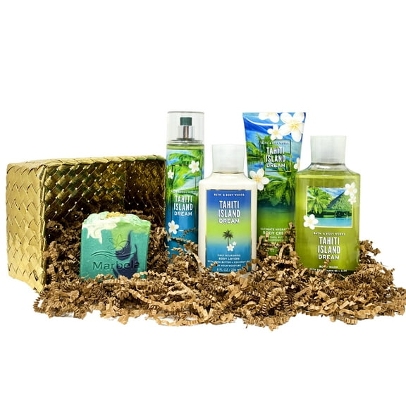 Bath & Body Works TAHITI ISLAND DREAM Deluxe Gold Woven Basket Gift Set with a Marbela Aloe Vera Bar Soap - Fragrance Mist - Body Cream - Body Wash - Body Lotion - Full Size