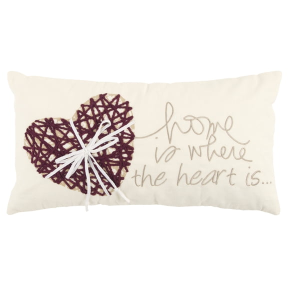 Rizzy Home Heart Sentiment Embroidered Cotton Decorative Throw Pillow Cover, 11"x21", Ivory/Maroon