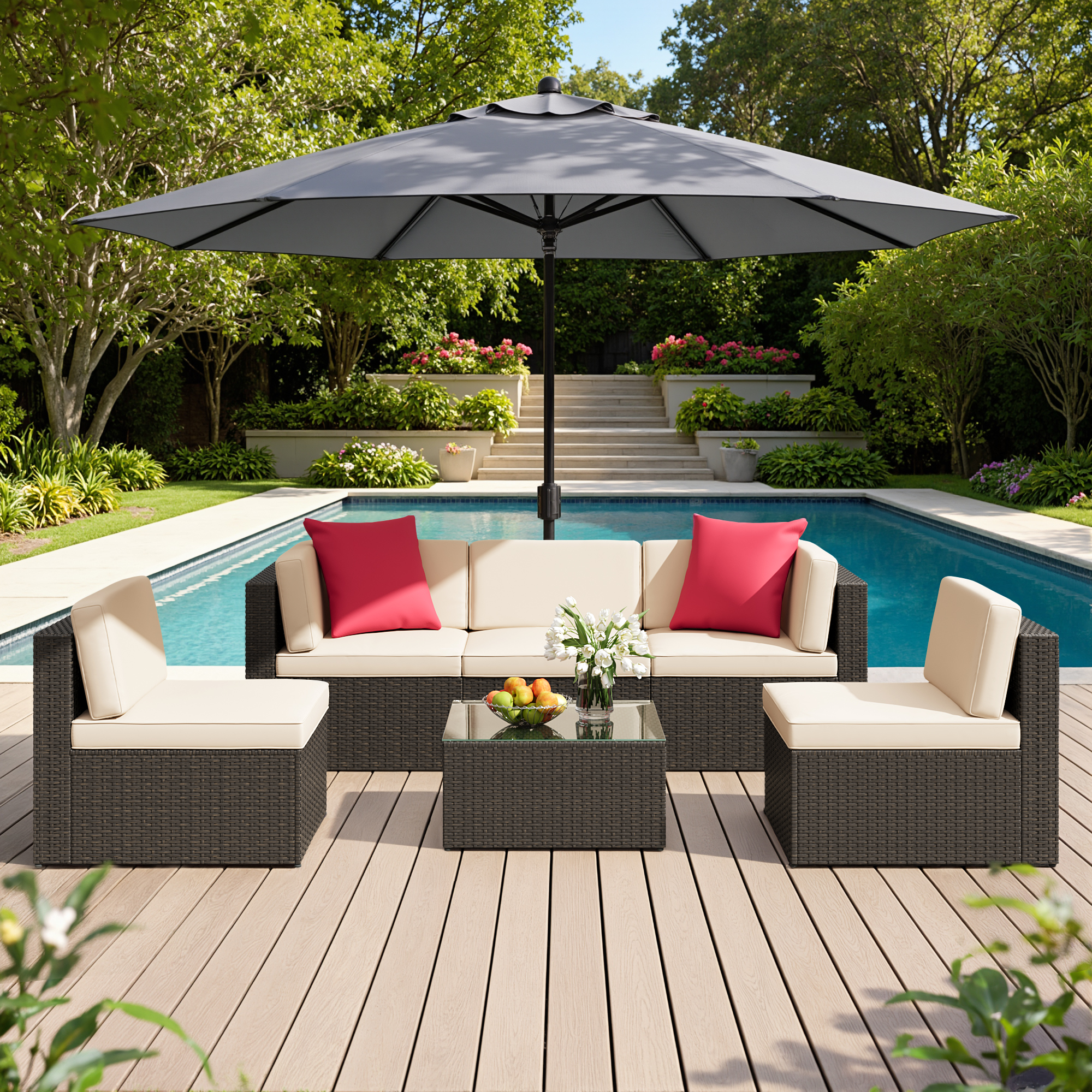 Lacoo 6 PCS Patio Outdoor Furniture Wicker Sectional Sofa with Cushion, Beige