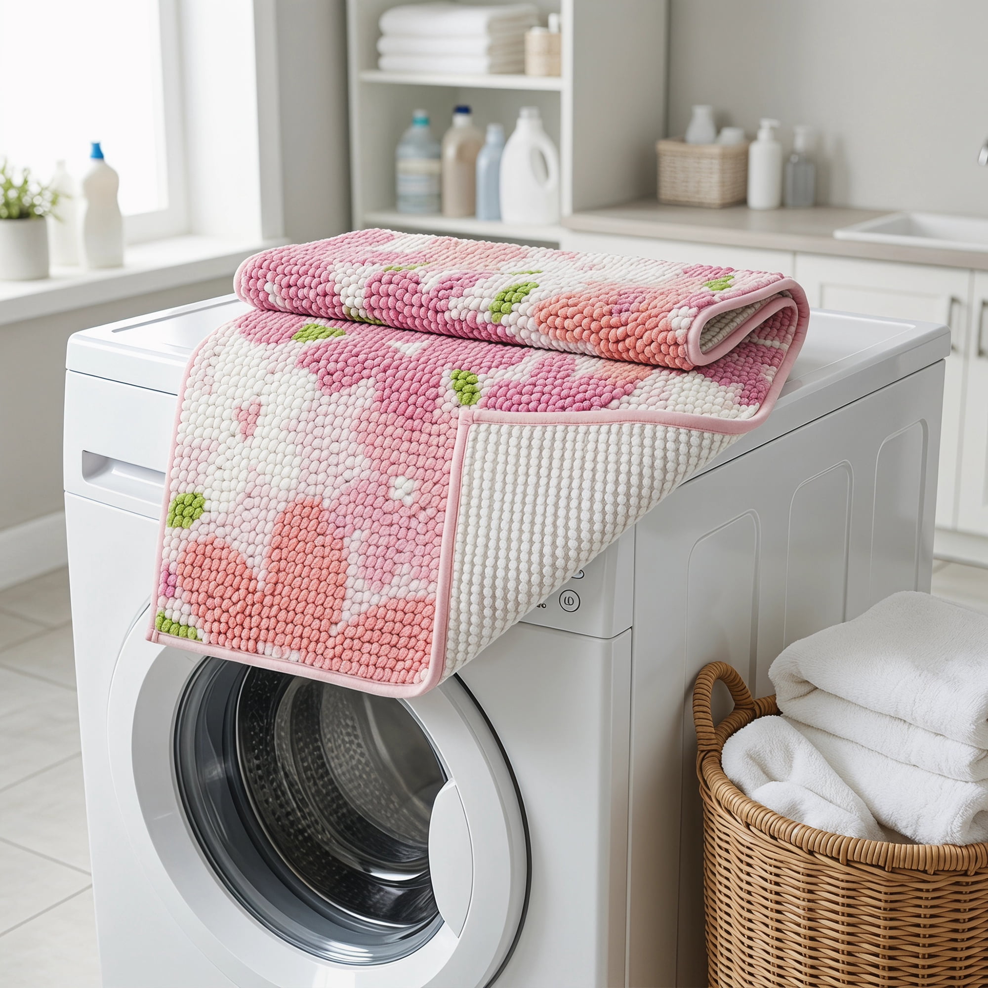 Unique Bargains Chenille Ultra Soft Non Slip Machine Washable Shower Rug Pink 24" x 16"