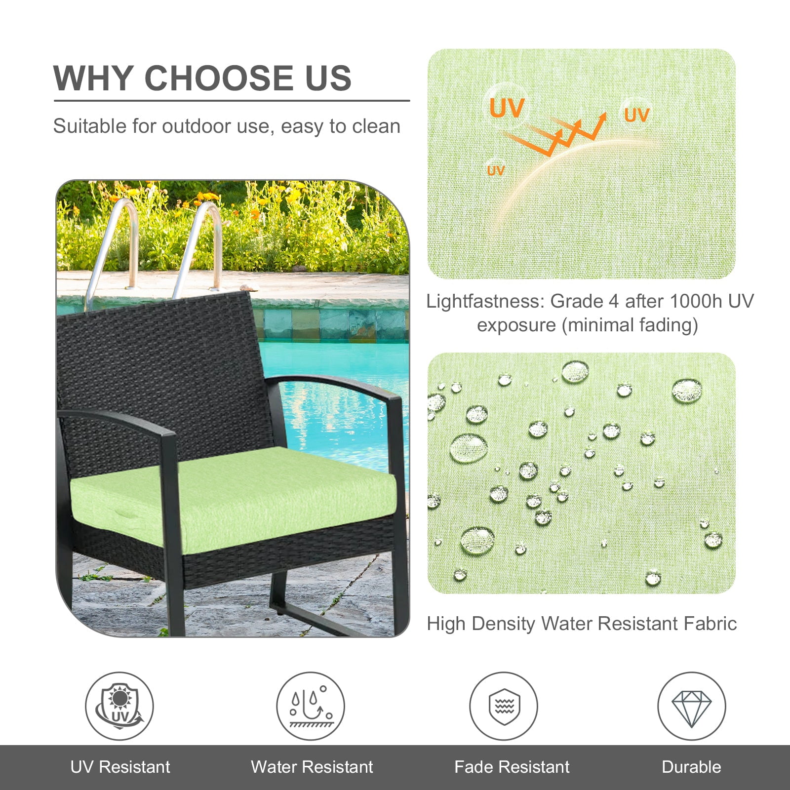Aoodor Patio Chair Cushions Set of 2, 25 x 25 x 4 Inch Water Resistant Outdoor Seat Cushions with Handle and Ties, Square Corner Cushions for Patio Furniture Garden Lawn, Green
