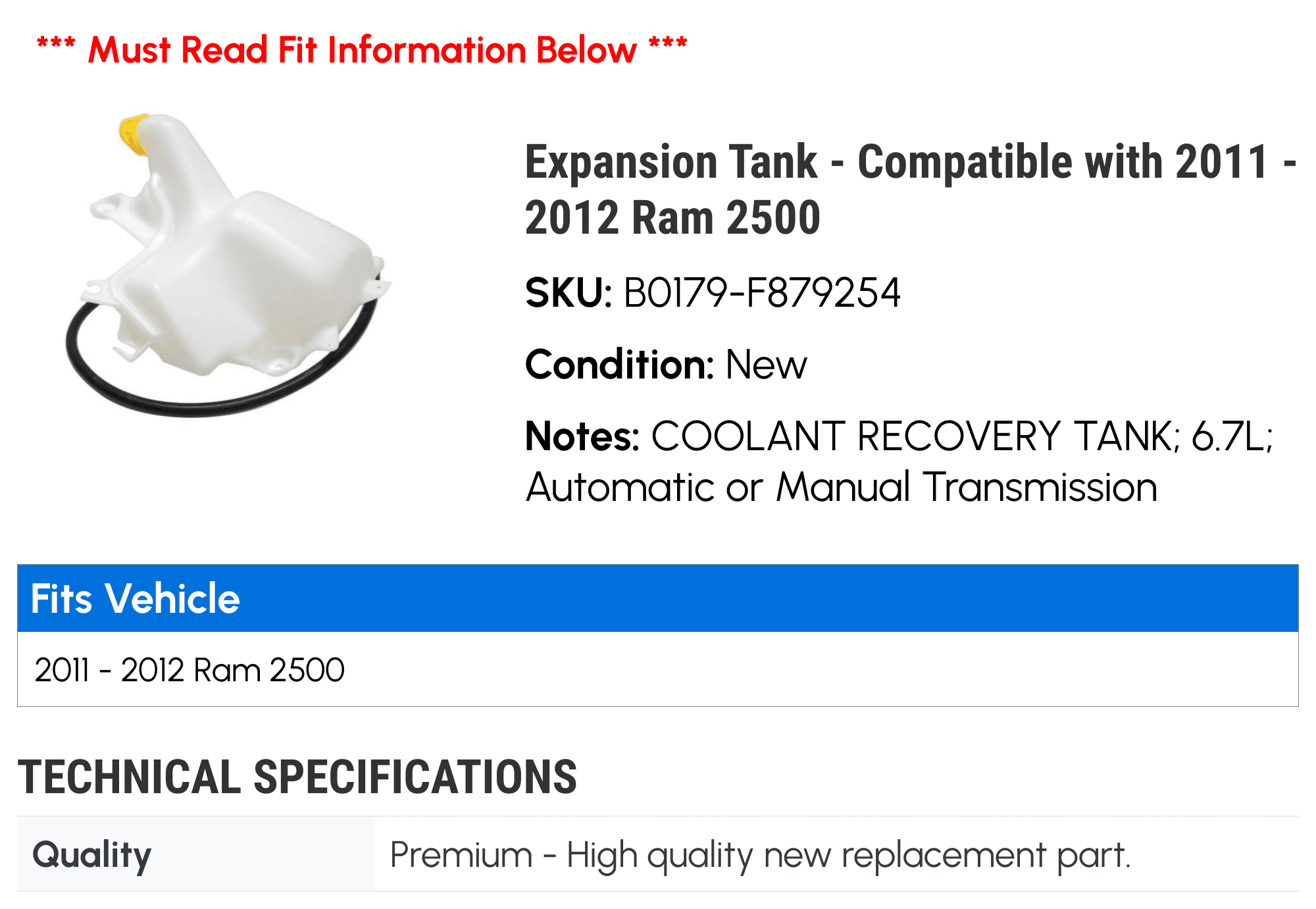 Expansion Tank - Compatible with 2011 - 2012 Ram 2500