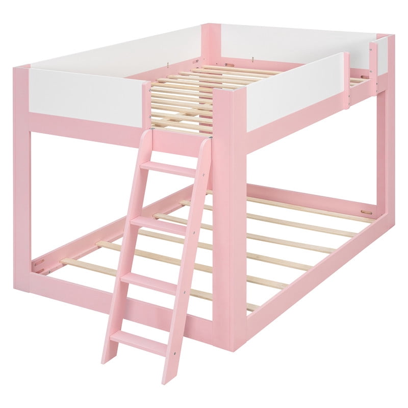 Full-Over-Full Low-Profile Bunk Bed with Guardrails, Wooden Kids Bed with Reversible Ladder, Accent Two-Tone Bed Frame