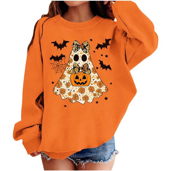 XUNKUSGA Halloween Sweatshirts for Girls Boys Casual Crewneck Long Sleeve Cute Printed Pullover Tops Soft Fleece Oversized Sweatshirts for Girls 1-13 Years 1-2 Years
