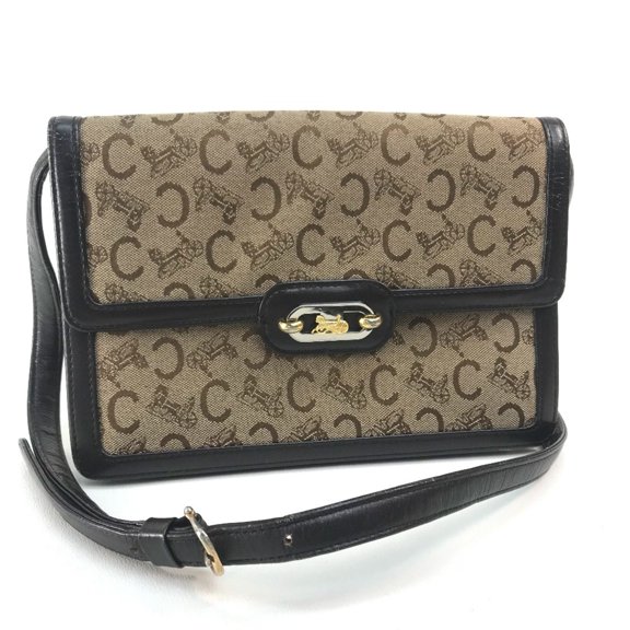 Pre-Owned CELINE Carriage Hardware Logo bag old Shoulder Bag Beige x Dark Brown (Fair)