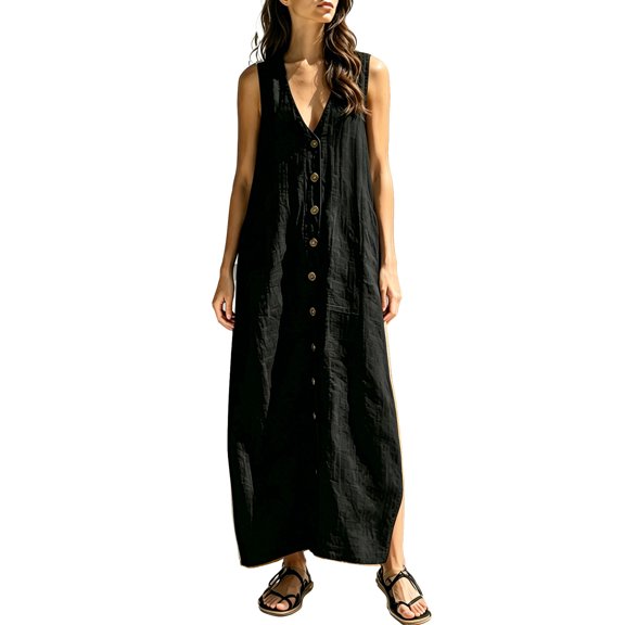 Womens Summer Dresses Casual Women's Casual Loose Fit Long Sleeveless Dress V Neck Button Down Collar Comfortable Blend Flowy Summer for Everyday Wear Beach Vacation Black L