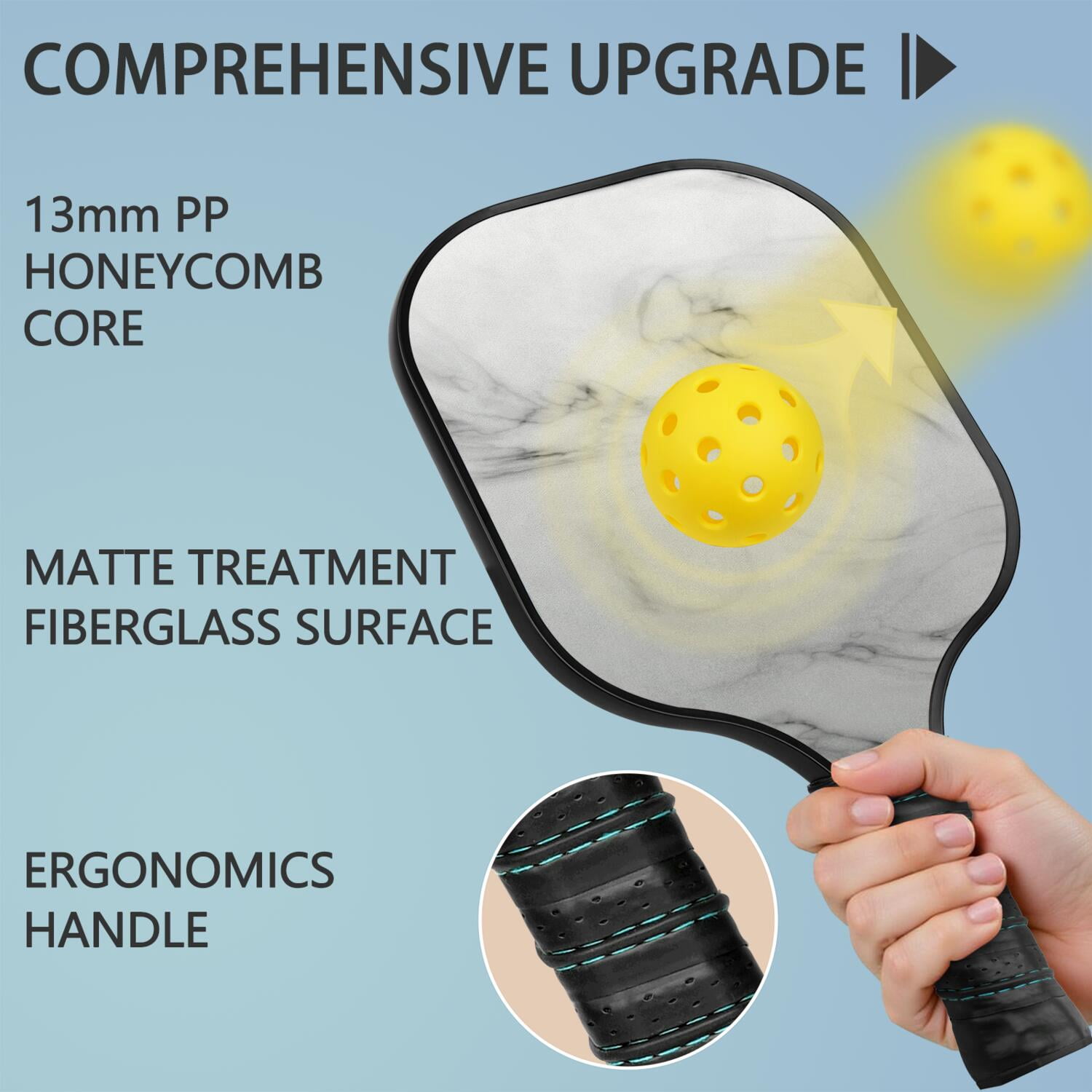 Pickleball Paddles Set Of 1, Fiberglass Surface, Turquoise Marble Pattern, 1 Paddle, 2 Balls & Bag