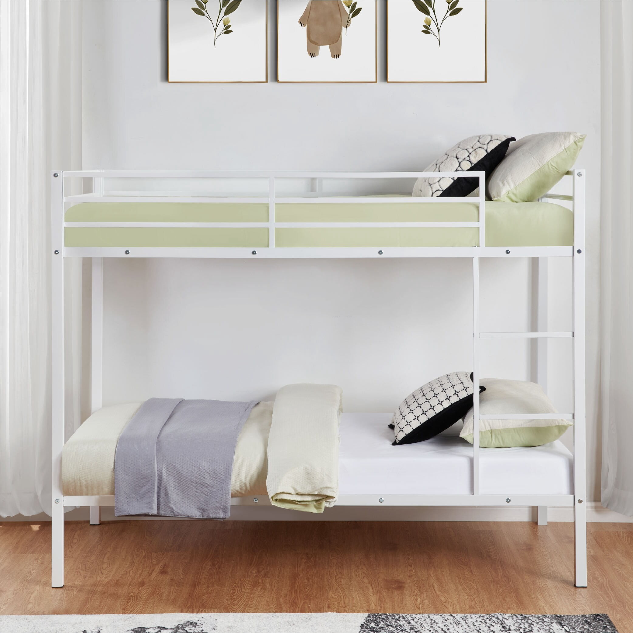 Aukfa Metal Bunk Bed Twin Over Twin, High Guardrail and Metal Slats, Space-Saving Bed Frame for Kids Teens, White