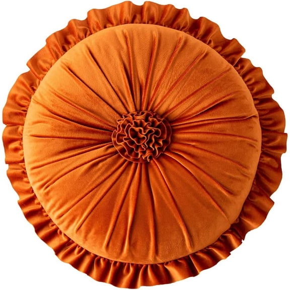 Xiao Hua Round Throw Pillow with Ruffles, Pumkin Pleated Velvet Chair Cushion 3D Floral Decorative Floor Pillow for Sofa Bedroom Office Car (Orange,Diameter 14")