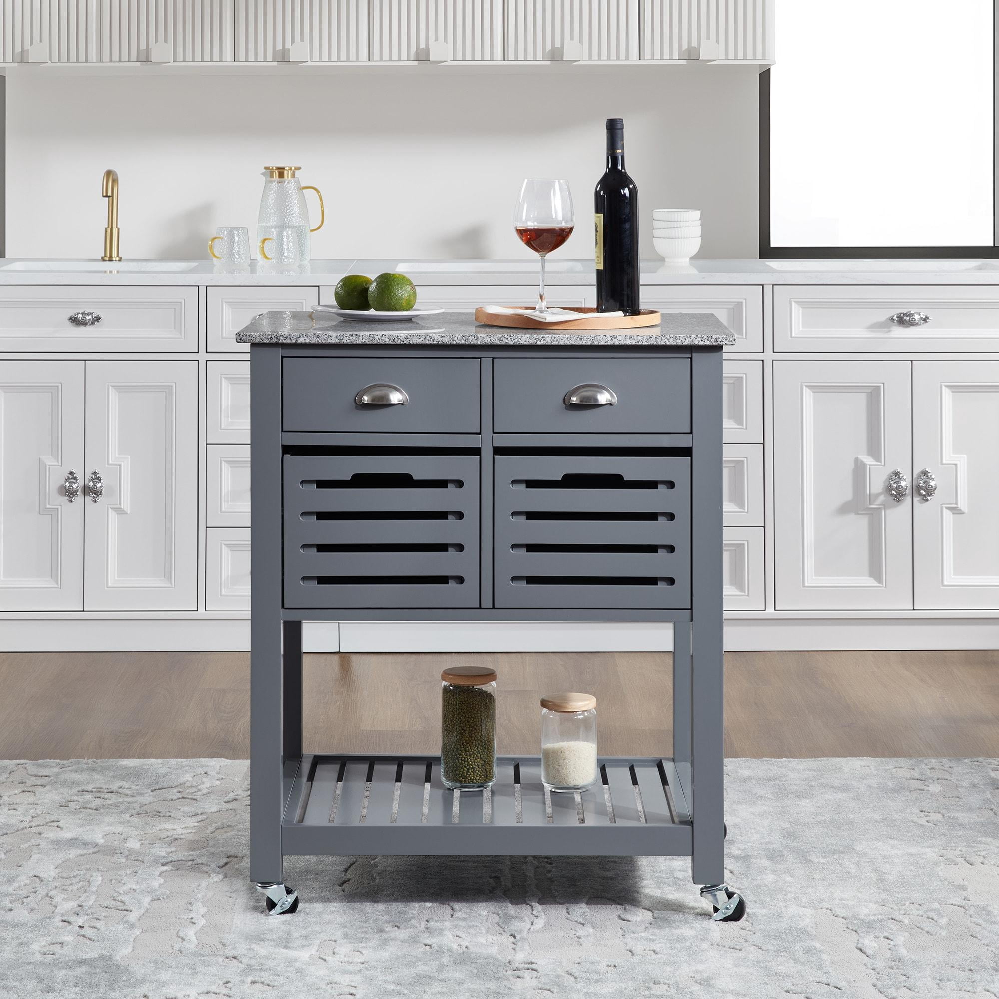 Rolling Kitchen Island Serving Cart with Underneath Drawer & Slide-Out Wire Storage Basket