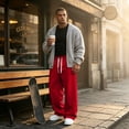 thumbnail image 4 of Men's Baggy Sweatpants Wide Leg Lounge Athletic Pants Drawstring Waist Loose Fit Jogging Trousers with Pockets Red 2XL, 4 of 5
