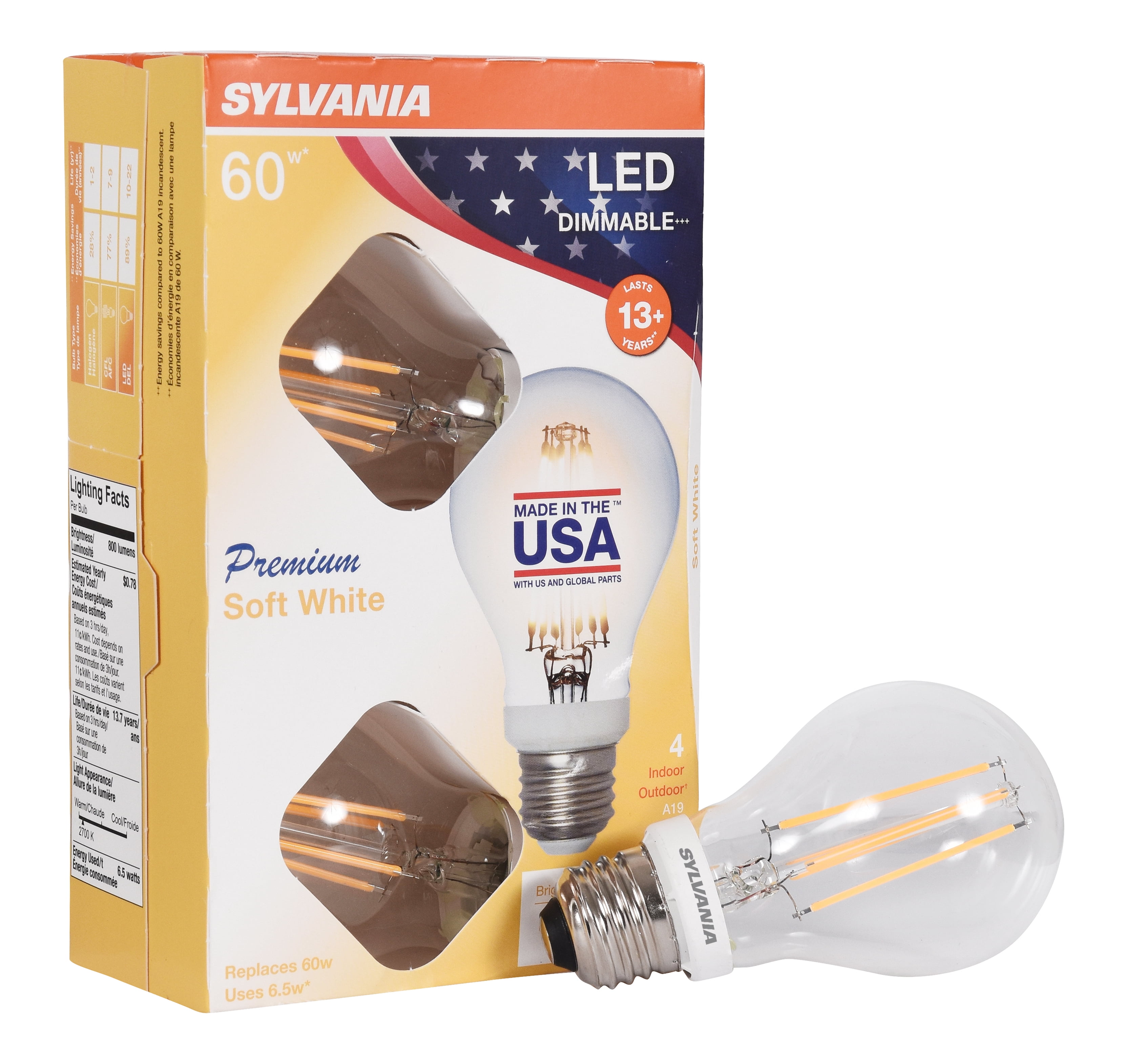 Sylvania LED A19 Light Bulb, 60 Watt, Dimmable, Soft White, 4 Pack