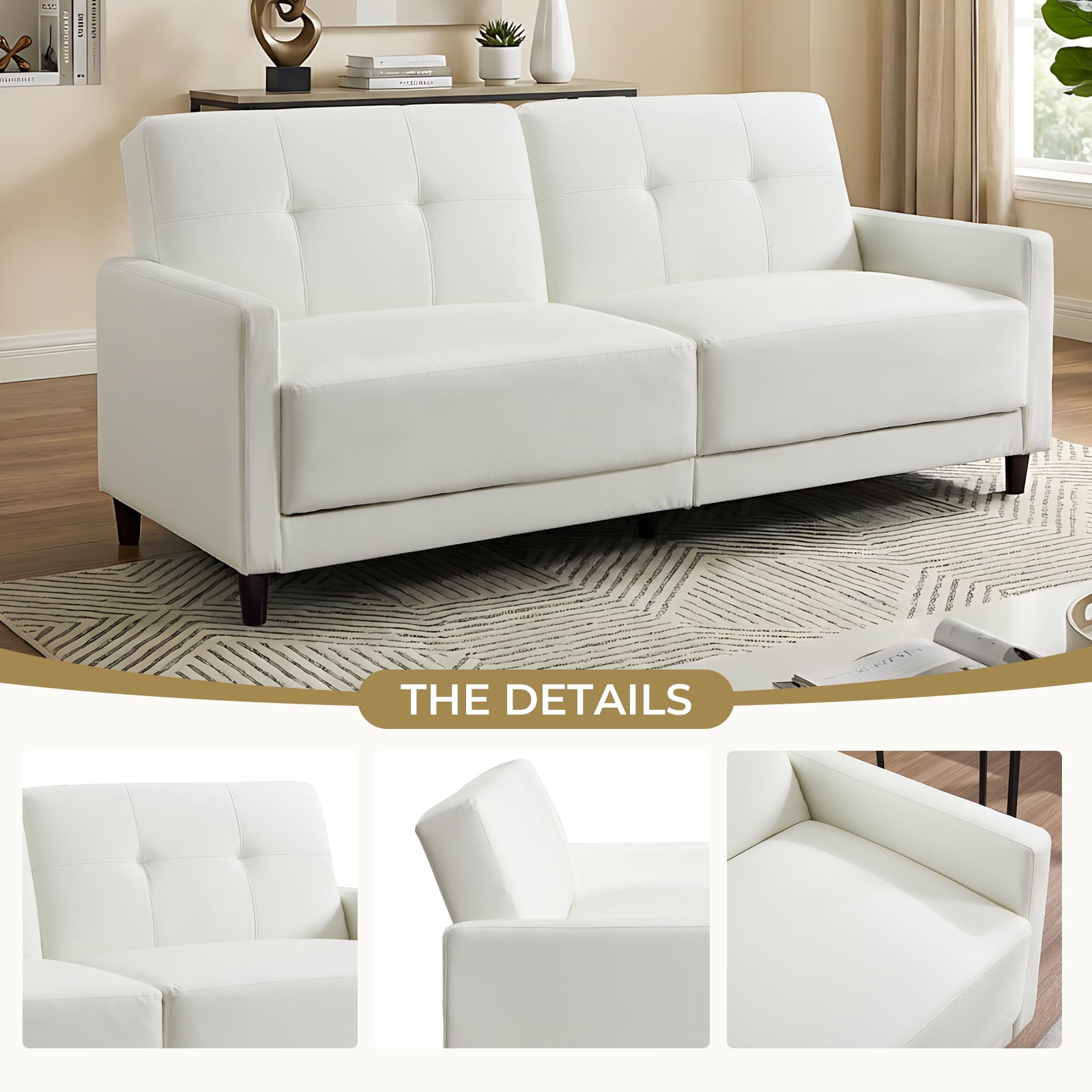 Ebello 76" Convertible Futon Sofa Bed, Mid Century Modern Faux Leather Loveseat Sofa Couch with Adjustable Backrest for Living Room & Office, White