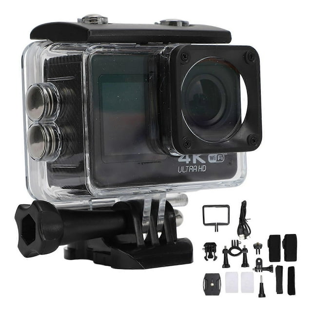 4K Action Camera Multifunction 98.4ft Depth Waterproof WiFi Prevents Shake Dual Screen Sports Video Camera for Outdoor Sports Swimming Surfing