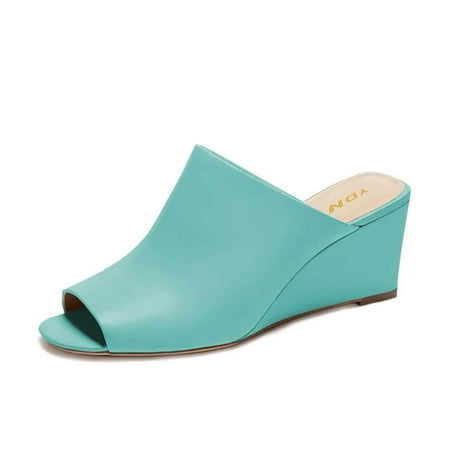 

YDN Women Comfortable Peep Toe Slipper Pumps Slip On Wedge High Heels Backless Sandals Office Causal Slide Shoes Size 11 Turquoise