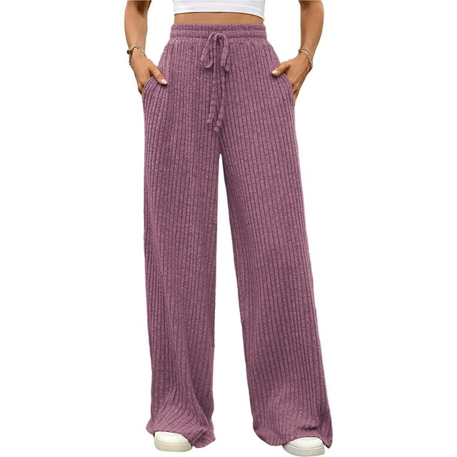 Pantalones de Pijama Holgados de Punto Suave con Bolsillos y Pernera Acanalada para Mujer con Cordón Ajustable. Rojo Púrpura L