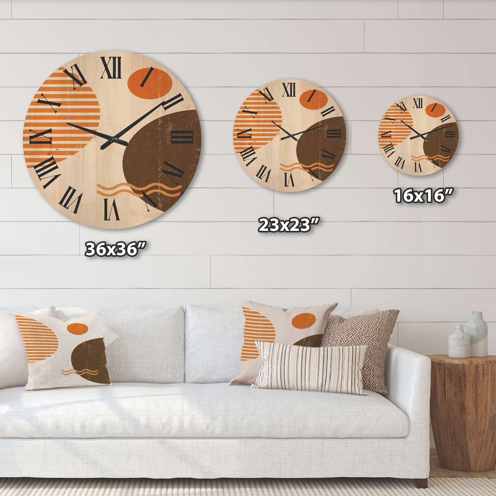 Designart 'Abstract Minimal Moon and Sun In Earth Tones III' Modern Wood Wall Clock