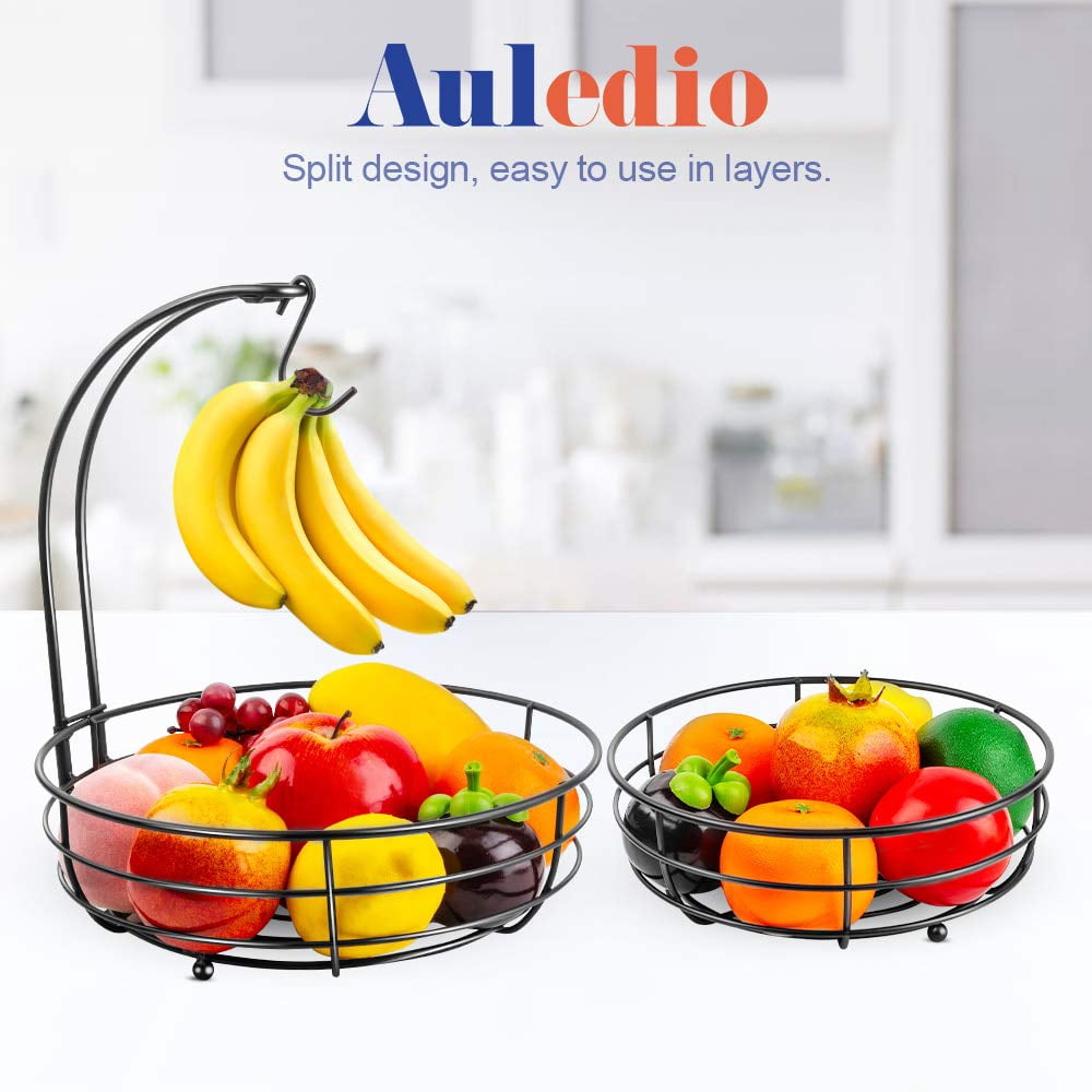 Iron 2-Tier Countertop Fruit Vegetables Basket Bowl Storage With Banana Hanger, Black, 64 ounces