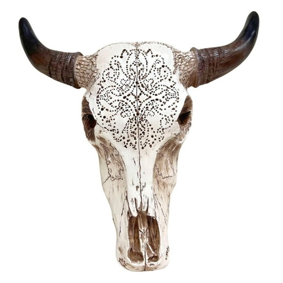 Rustic Tribal Bull Head Wall Art - Tooled White Bull Skull Wall Art - Western Carved Skull Sculpture for Lodge Decor