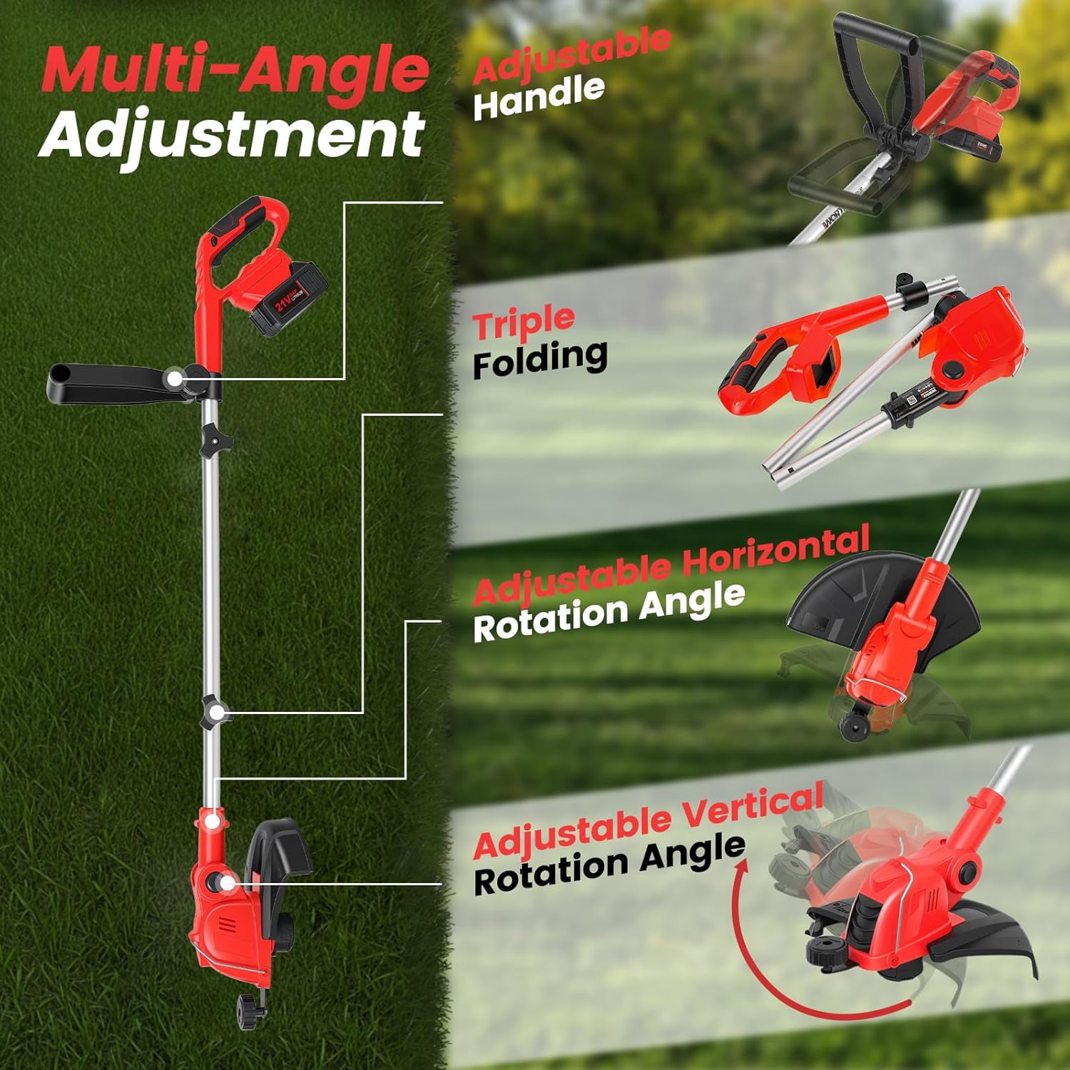 Cordless String Trimmer & Edger, 21V Weed Wacker with 2x4.0Ah Batteries & Fast Charger, 12" Automatic Feed Grass Trimmer, 2-in-1 Electric Weed Eater for Garden Edge Lawn Tool-Red