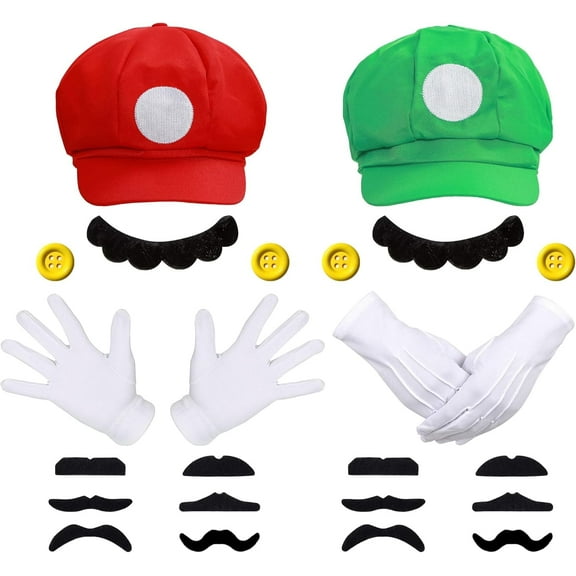ZUITEH Super Brother Costume, Video Game Role Cosplay Costume Accessories Super Bros Hat Mustache Gloves Buttons Sets for Women Men Adult Kids for Halloween Carnival Cosplay