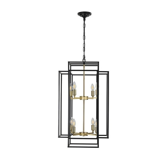 18" Modern Farmhouse Geometric Pendant Light, 8-Light Industrial Metal Chandelier with Black & Gold Frame, Adjustable Height for Kitchen, Dining Room, or Living Room (No Bulbs)