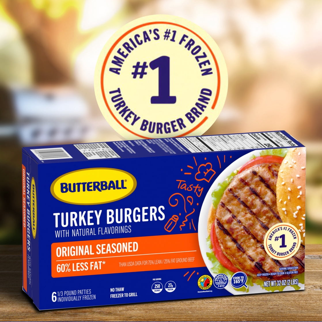Butterball Frozen Turkey Burgers, Original Seasoned, 1/3 lb Patties, 6 Count/2 lbs