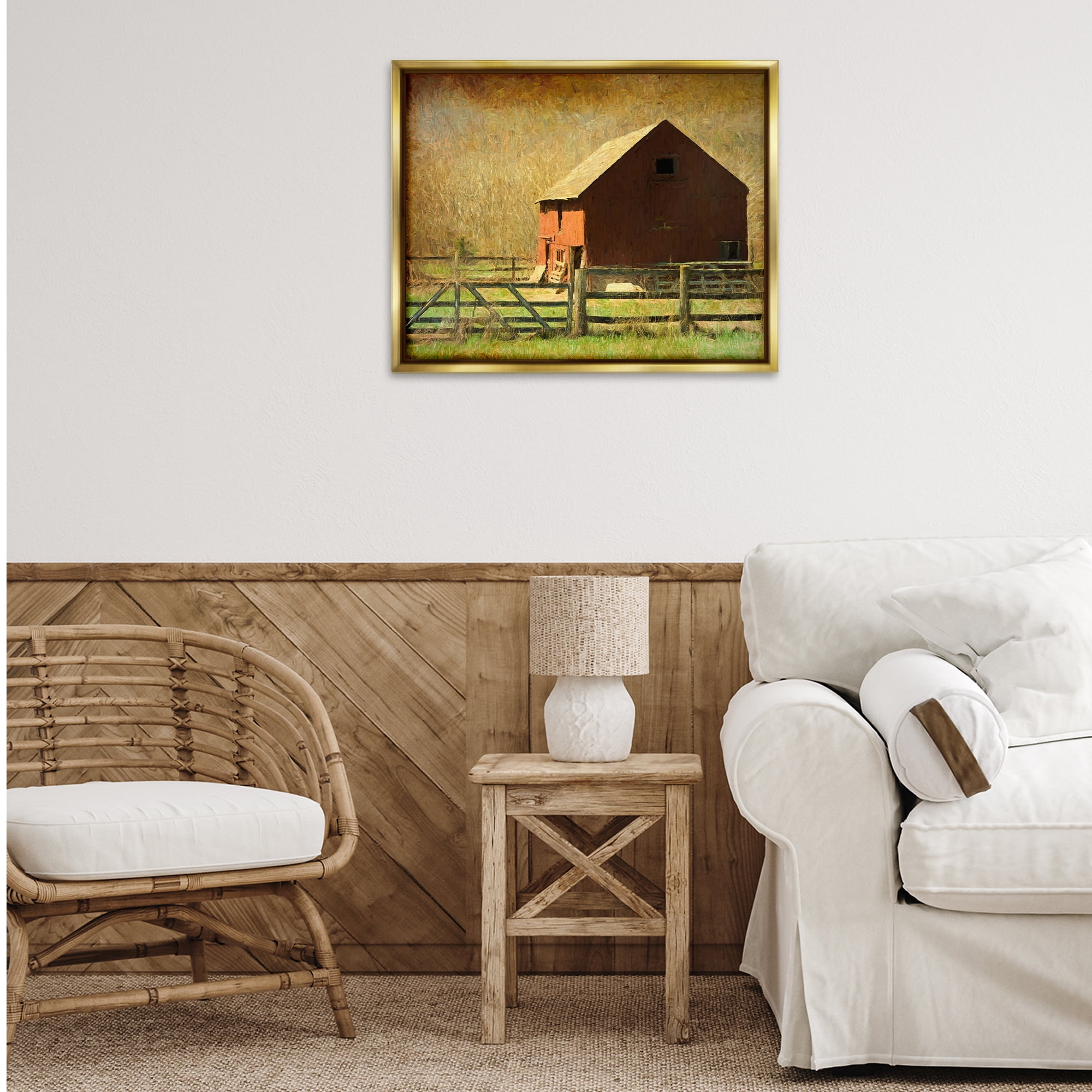 Stupell Industries Red Barn Distressed Pattern Landscape & Nature Painting Gold Floater Framed Canvas Art Print Wall Art, 31 x 25