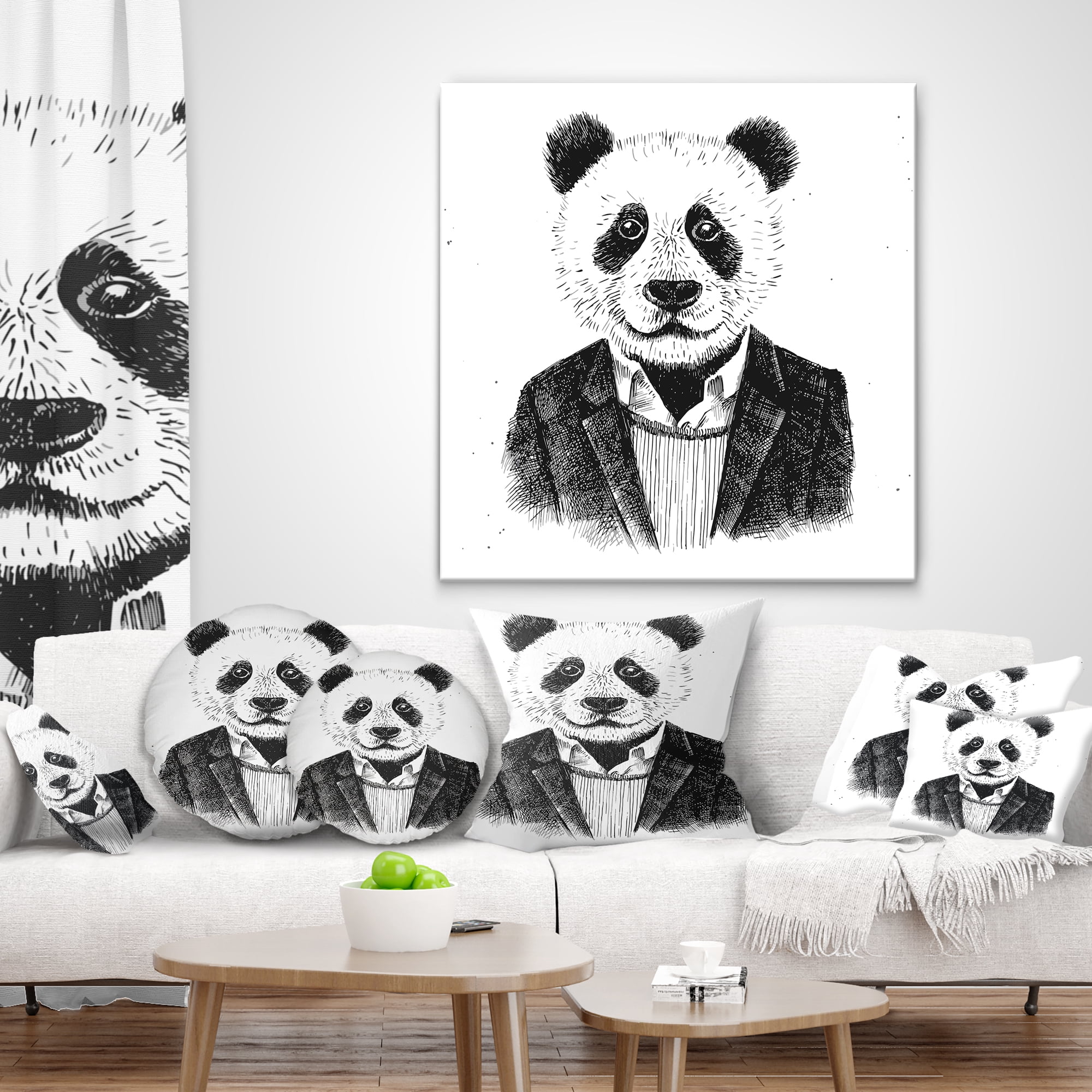 Designart Funny Hipster Panda Black White - Animal Throw Pillow - 18x18