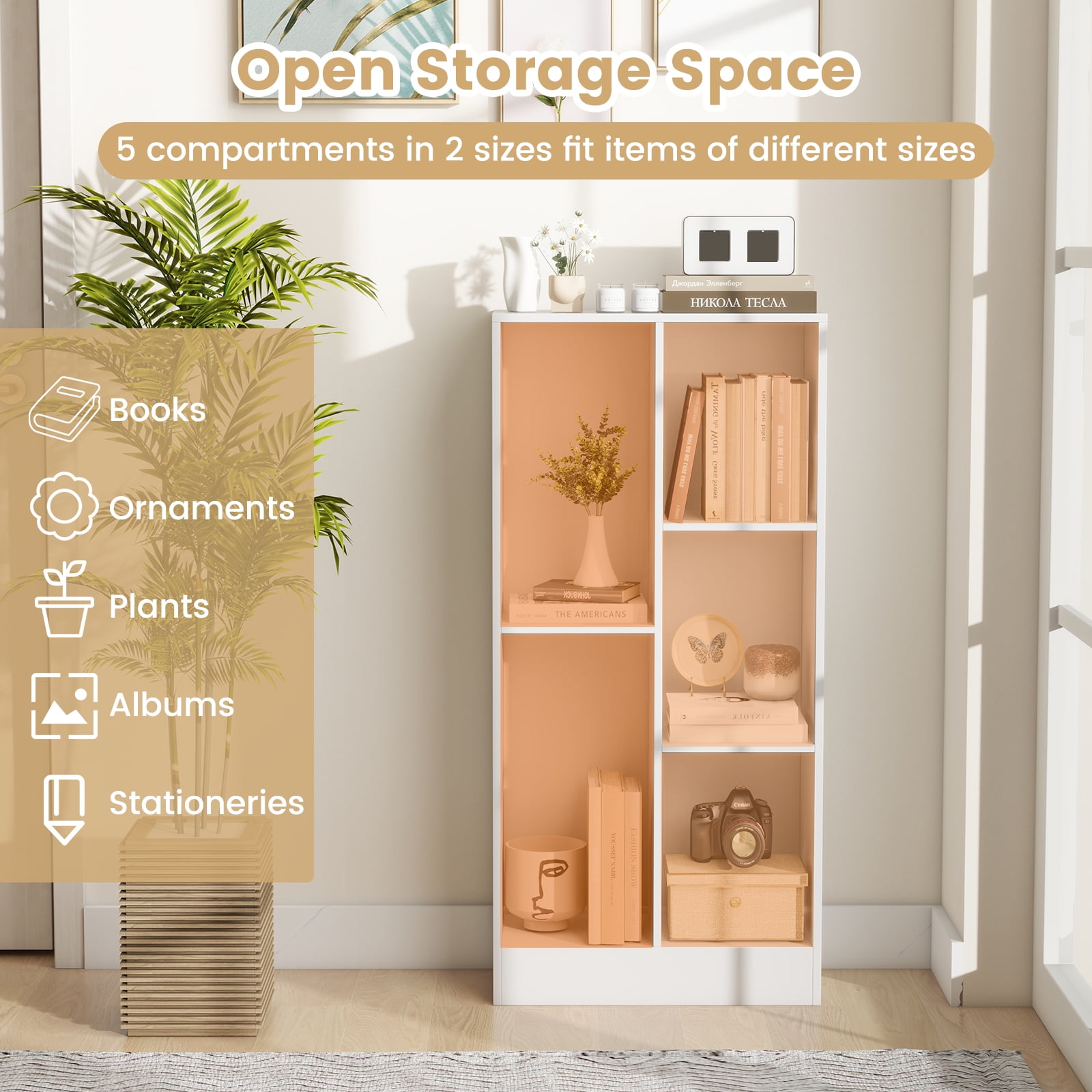 Giantex 5-Cube Bookcase, Freestanding Bookshelf w/ 2 Anti-toppling Kits, Modern Storage Unit, Display Shelving, White