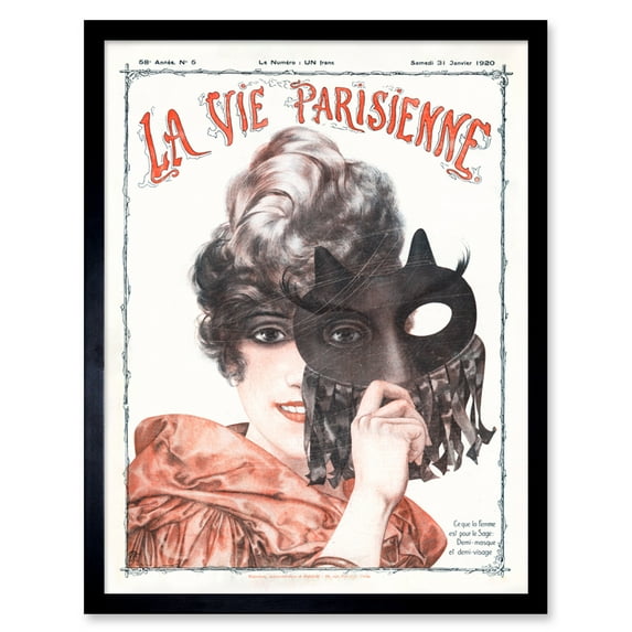 Vintage French Fashion La Vie Parisienne Half Mask Wise Woman Magazine Cover Art Print Framed Poster Wall Decor 12x16 inch