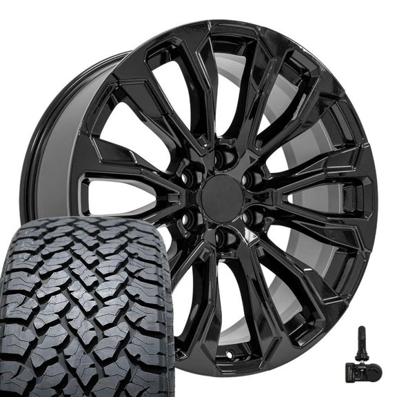 OE Wheels CV30 22 Inch Rims, Tires & TPMS Fit Yukon Denali Style 6x139.7 22x9 Gloss Black - Hollander 14025 - TS-37 AT 285/45-22 (Set of 4)