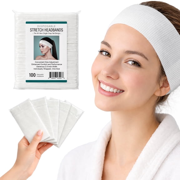 Appearus Disposable Snag-Free Snap Facial Spa Headbands for Salon, White, 100 Pack - AH1058