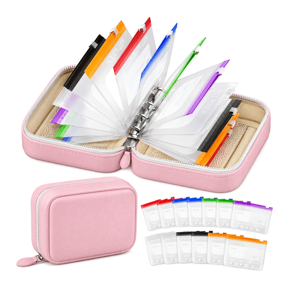 Waterproof Portable 14-Day Pill Organizer Set with 14 Color-Coded Reusable Leakproof Pill Pouches, Pink