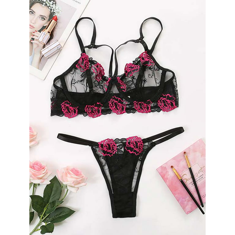JustVH Women 2PCS Lace Lingerie Set Sexy See Through Underwear Floral Sheer  Bra and Panty