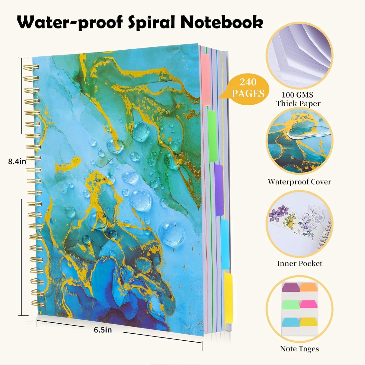 5 Subject Notebook College Ruled, A5 Spiral Notebook with Removable Pocket Dividers Tabs, Lined Organizer Notebook Journal for Women, 240 Pages Notebooks for Work School Note Taking, Blue Marble