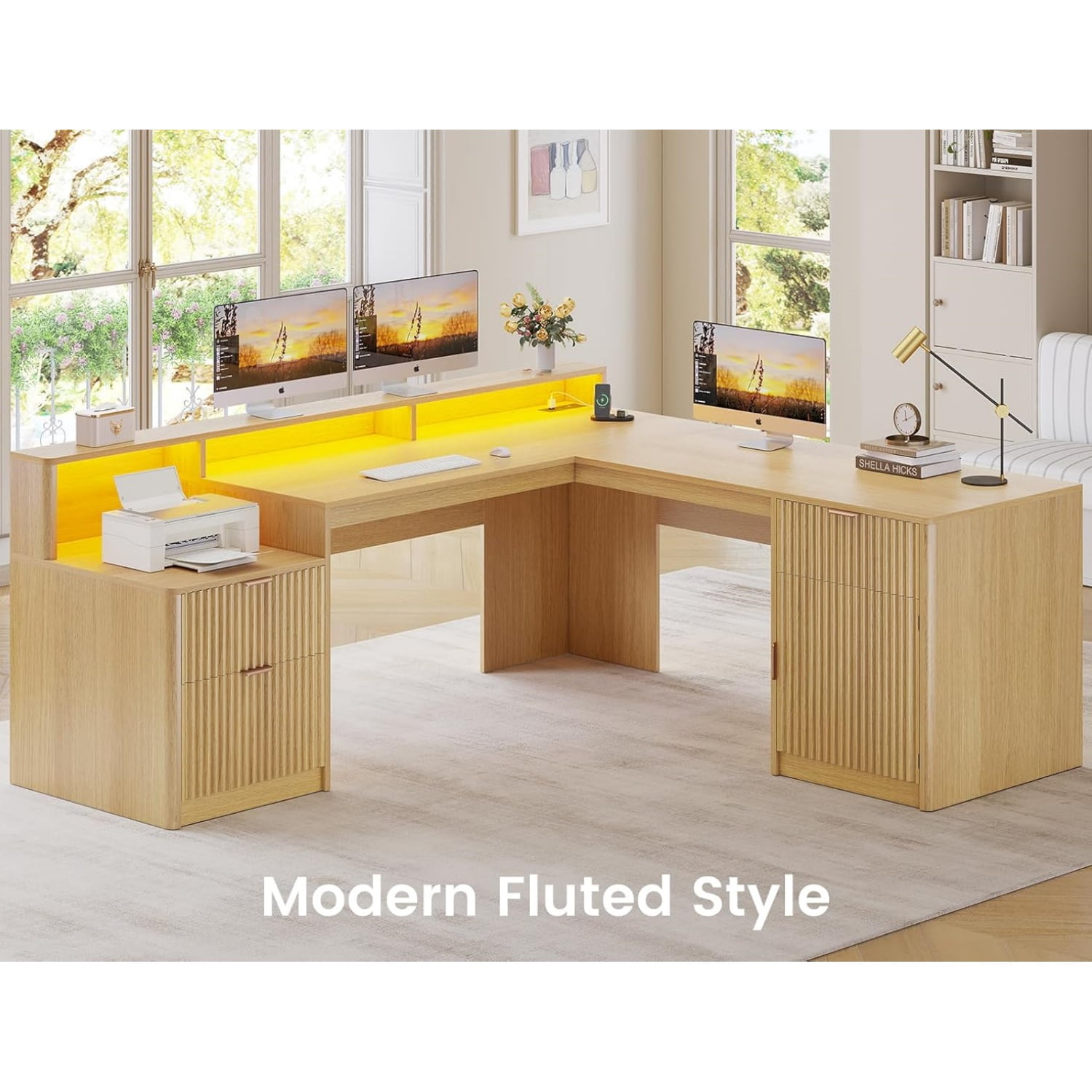66" Fluted Home Office Desk with Storage, L Shaped Desk with Power Outlets & Monitor Stand, Wood Computer Desk with Drawers & Cabinet, Corner Desk with LED Lights for Bedroom, Natural