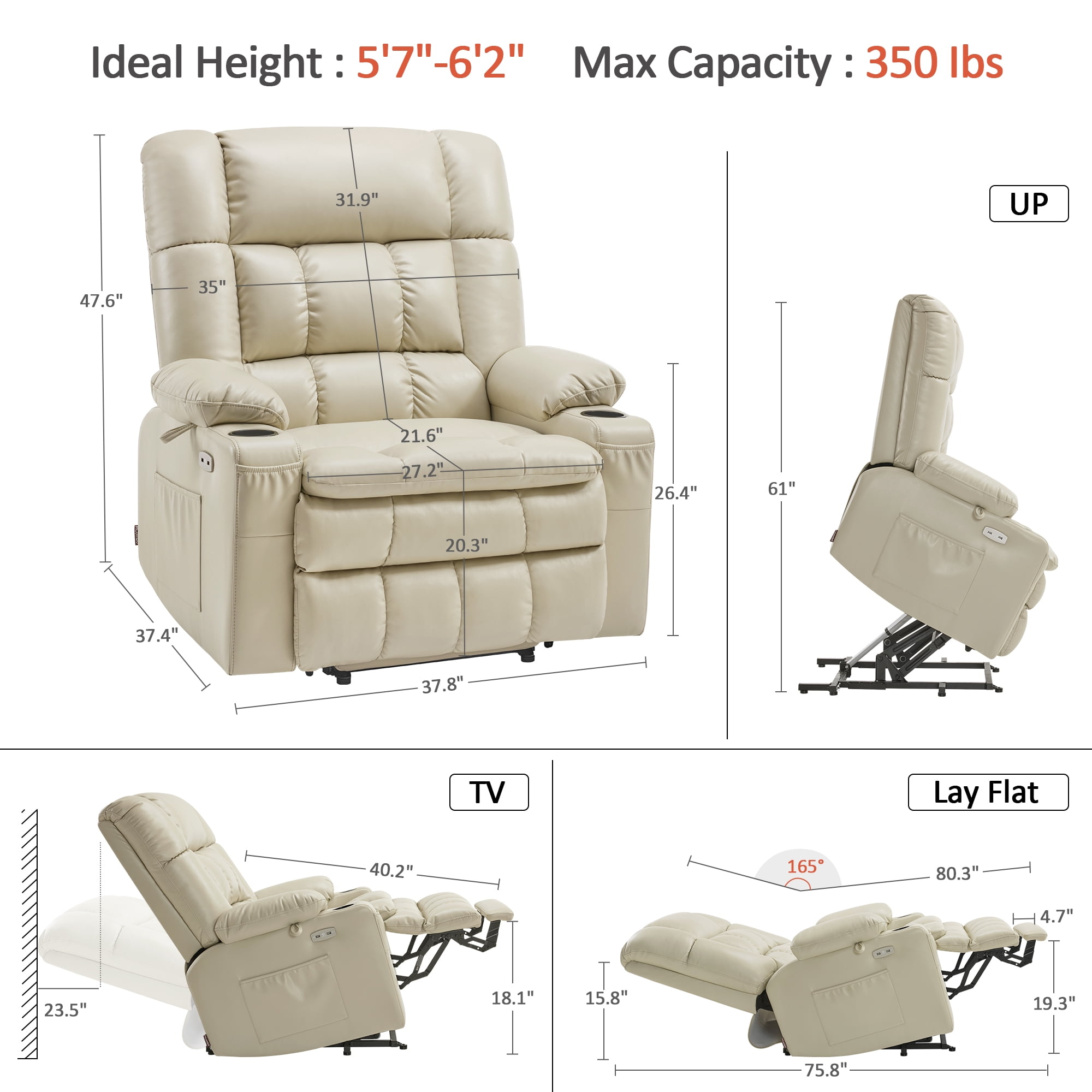 MCombo Oversized 27.2" Seat Width Dual Motor Power Lift Recliner Chair for Height 5'7"-6'2", Infinite Position, Faux Leather(Cream White)
