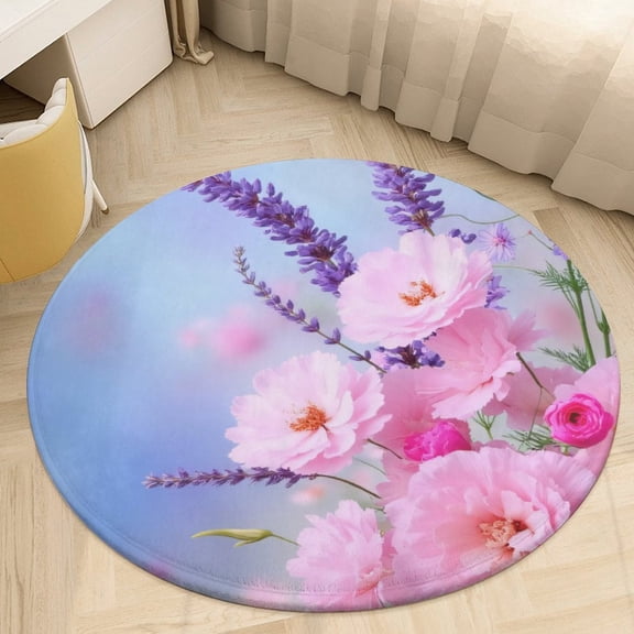 Pink Roses And Lavender Bouquet Round Area Rugs for Bedroom Living Room, 3FT Soft Indoor Circle Carpets, Carpet Home Decor Floor Mat