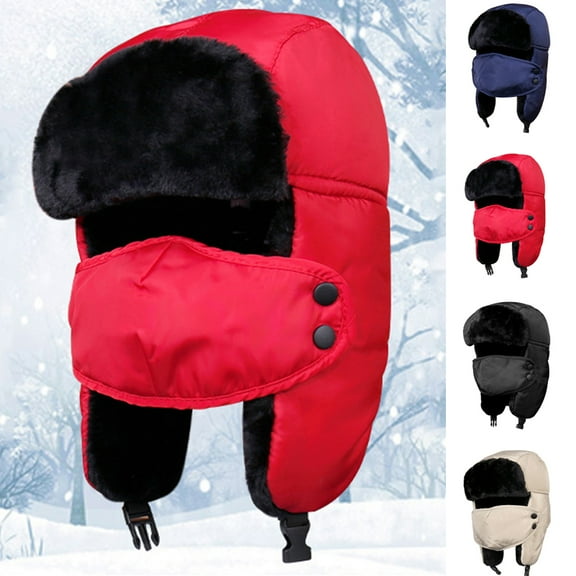 Meidiya Unisex Trapper Hat with Mask Winter Windproof Trooper Russian Warm Hat with Ear Flaps Ushanka Bomber Plush Hats for Men Women
