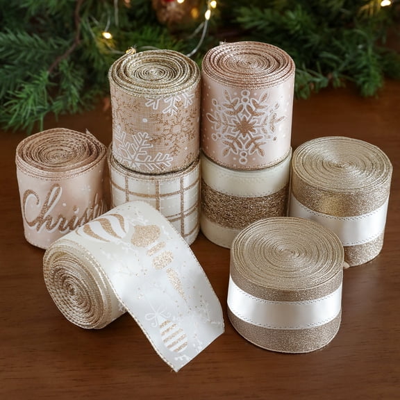 Champagne Gold Christmas Wired Ribbon with Glitter Edges 2.5inch Satin Ribbon for Wedding Xmas Tree Decor Gift Wrap Bow Wreath Garland DIY Craft