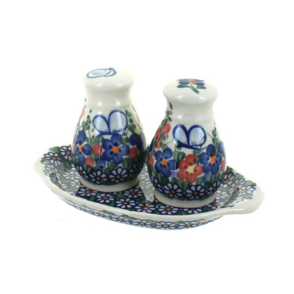 Blue Rose Polish Pottery Garden Butterfly Salt & Pepper Shakers with Tray