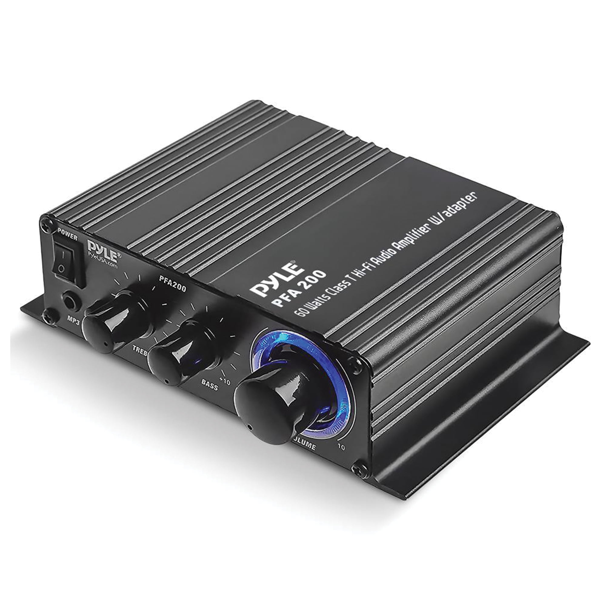 PYLE PFA200 - Home Mini Audio Amplifier - 60W Portable Dual Channel Surround Sound HiFi Stereo Receiver w/ 12V AC Adapter, AUX, MIC IN, Supports Smart Phone, iPhone, iPod, MP3 For 2-8ohm Speakers