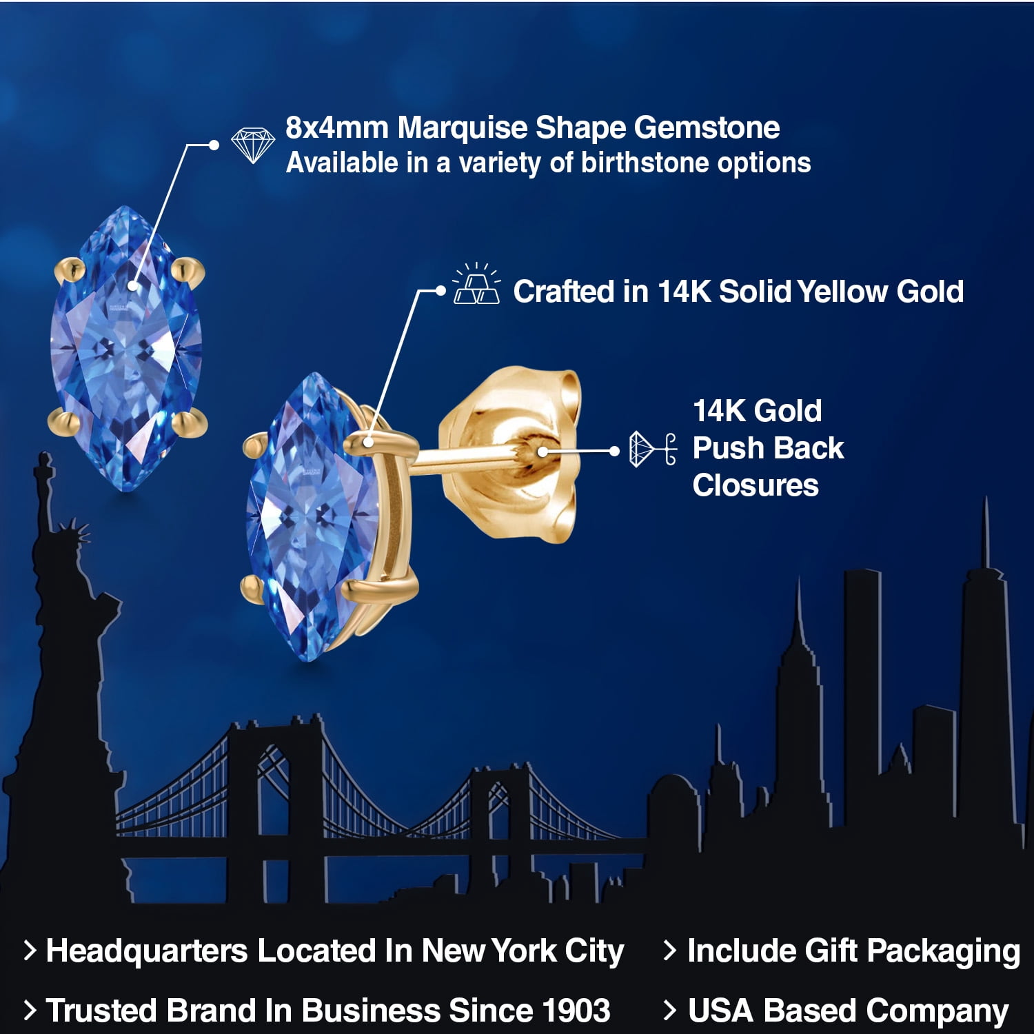Gem Stone King 14K Yellow Gold Fancy Blue Zirconia Doble Notch Stud Earrings for Women Men | 0.94 Cttw | Gemstone Birthstone | Marquise 8X4MM