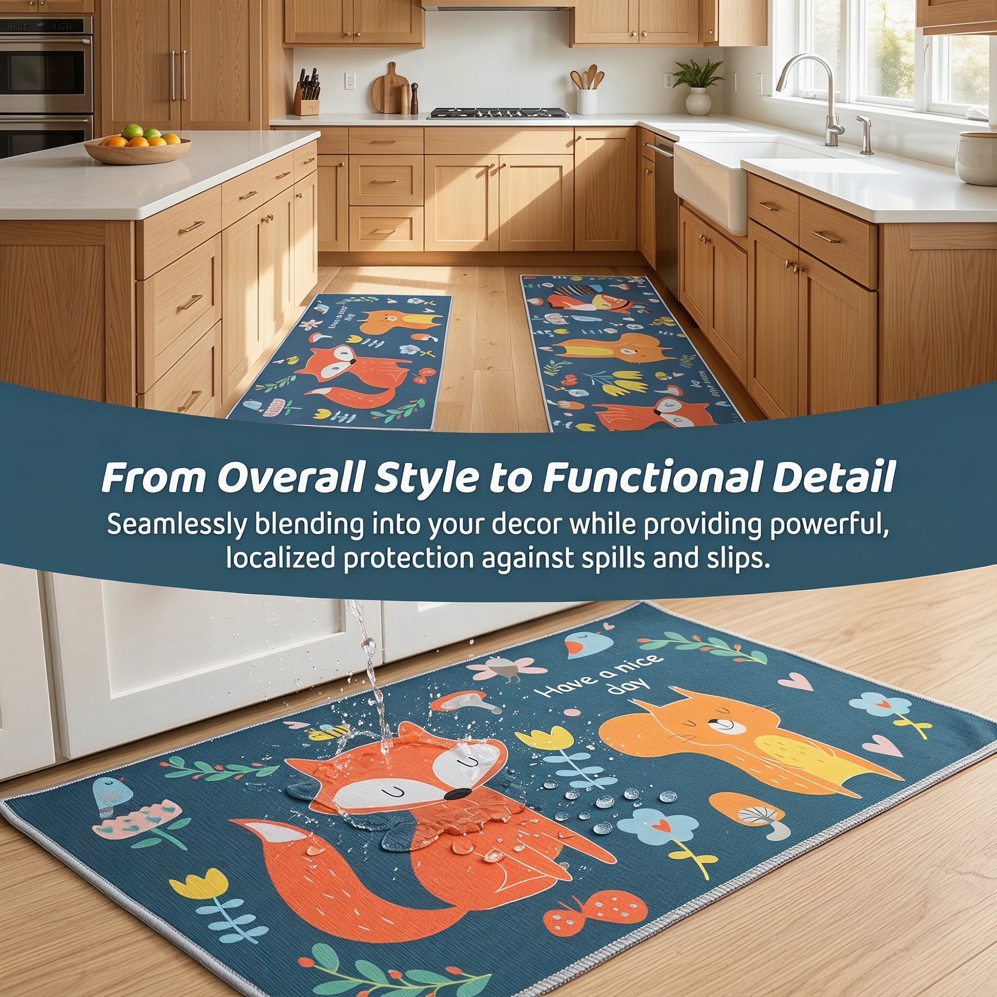 Unique Bargains Non Slip Cat Floral Printed Kitchen Rugs and Mat Dark Blue 24"x16"+47"x16"
