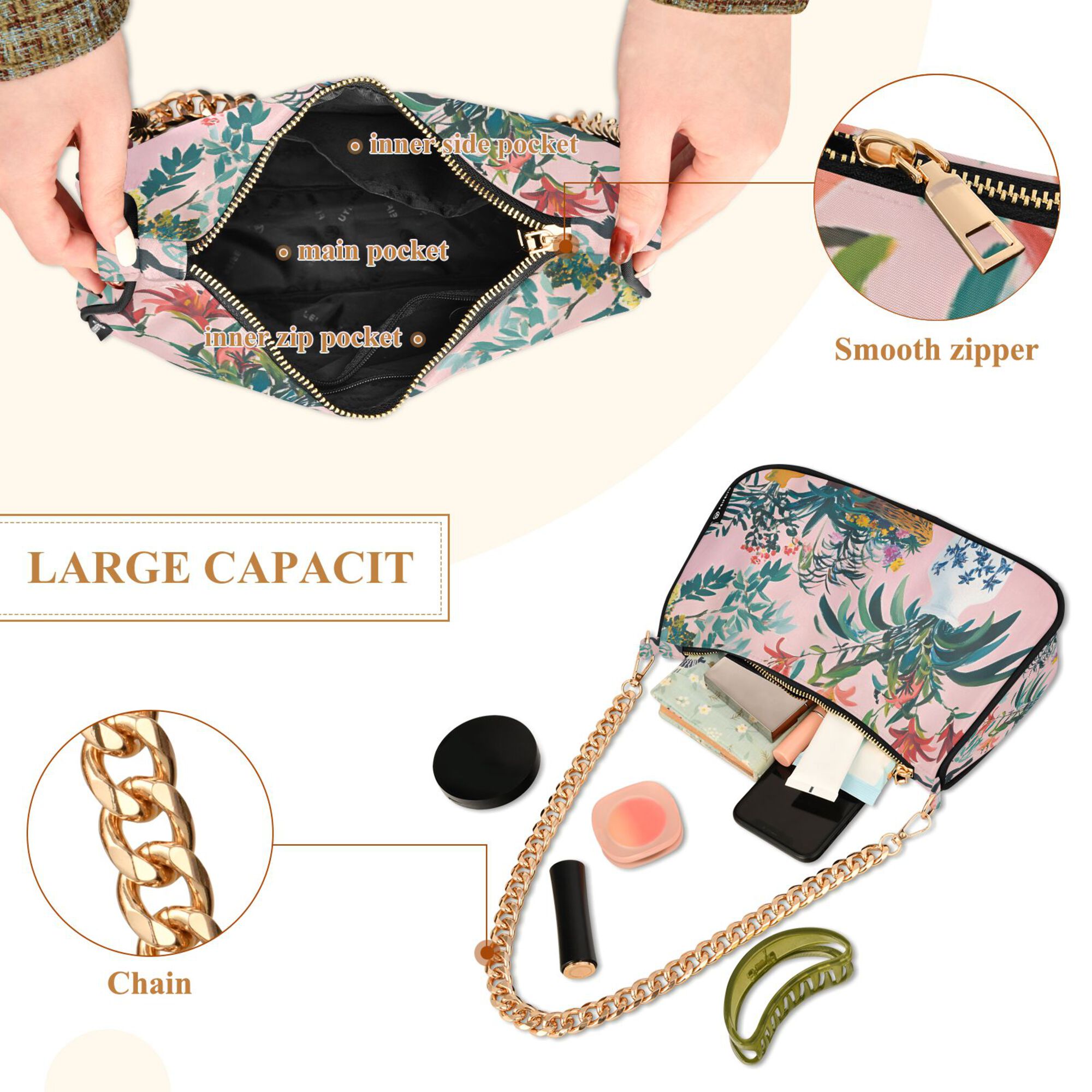 FORMRS Womens Shoulder Bag with Chain Strap Clutch Purse Cute Tote Handbag, Vibrant Flowers
