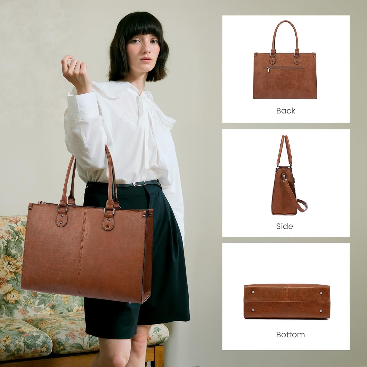 LOVEVOOK Laptop Tote Bag for Women, 15.6 Inch Large Capacity Vintage Leather Work Computer Bag, Business Casual Shoulder Handbag, Dark Brown