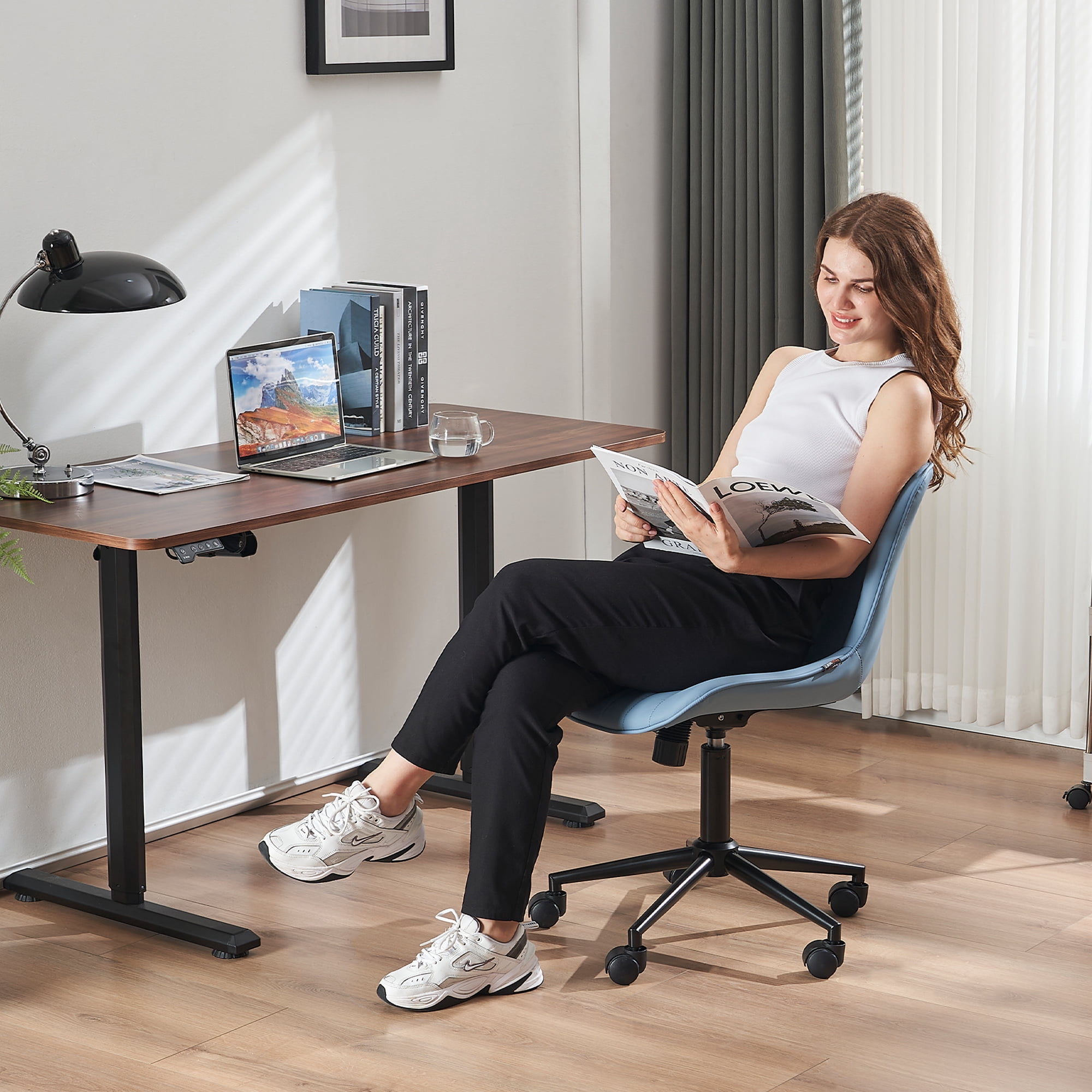YOUNIKE Cute Armless Office Desk Chair Modern Upholstered Faux Leather Swivel Task Chair, Blue
