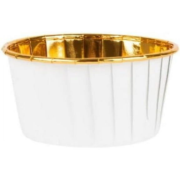 Disposable Large Pleated White & Gold Paper Foil Baking Cups - Greaseproof, Heat-Resistant, Great for Cupcakes and Muffins, Desserts - Durable Paper Liners - Everyday Baking, Special Occasions (16)
